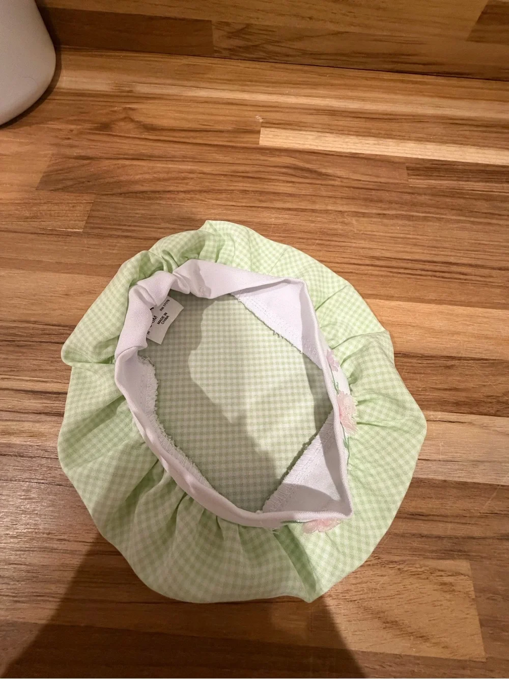VINTAGE Green Gingham Baby/Child Bonnet with Pink Floral Embroidery